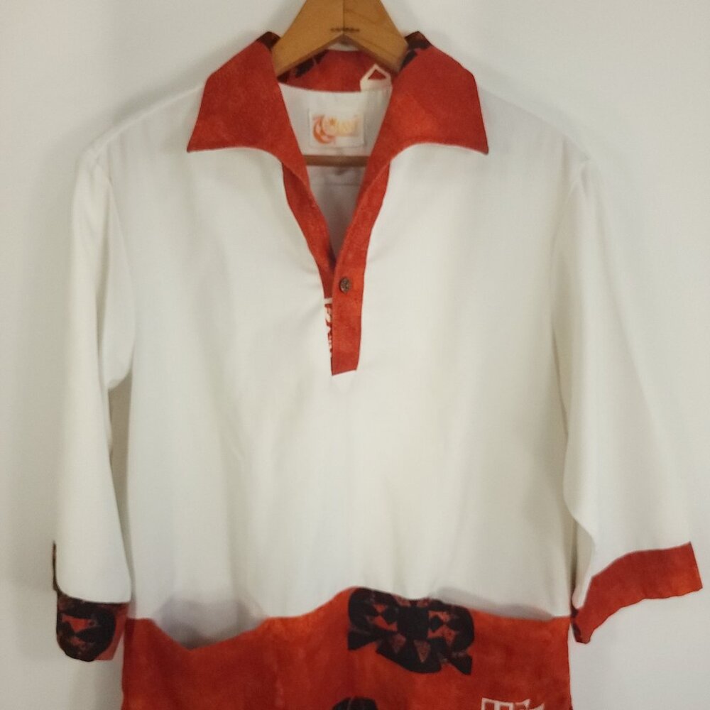Vtg Iolani Hawaiian Shirt Mens Med Off White Multicolor Barkcloth Trim Retro 70s